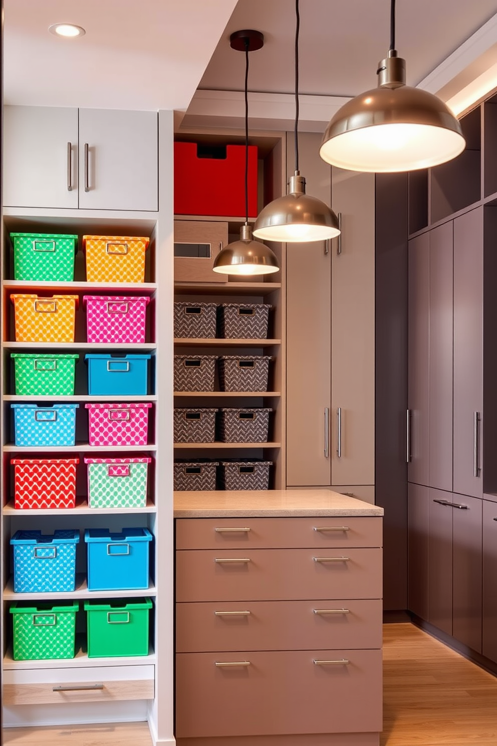 Colorful storage boxes arranged neatly on a shelf create a playful and vibrant atmosphere. Each box features a unique pattern and bright colors, adding a touch of whimsy to the overall decor. A modern walk-in closet design showcases sleek cabinetry and ample space for organization. The layout includes a central island with drawers, illuminated by stylish pendant lights, enhancing both functionality and aesthetics.