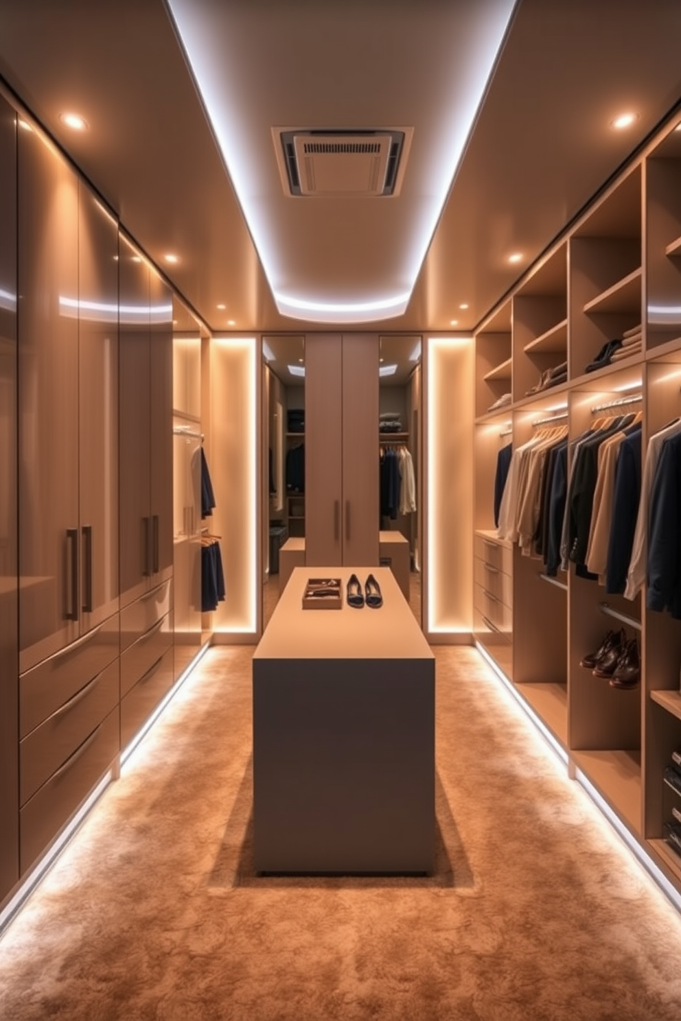 A modern walk-in closet features built-in lighting that enhances the luxurious atmosphere. The space is designed with sleek cabinetry, plush carpeting, and a central island for accessories.