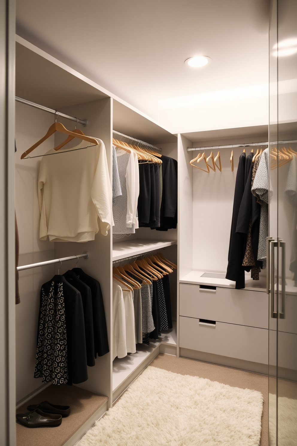 A modern walk-in closet featuring multi-tiered hanging rods for versatile storage. The space is illuminated by soft lighting, with sleek cabinetry and a plush area rug underfoot.