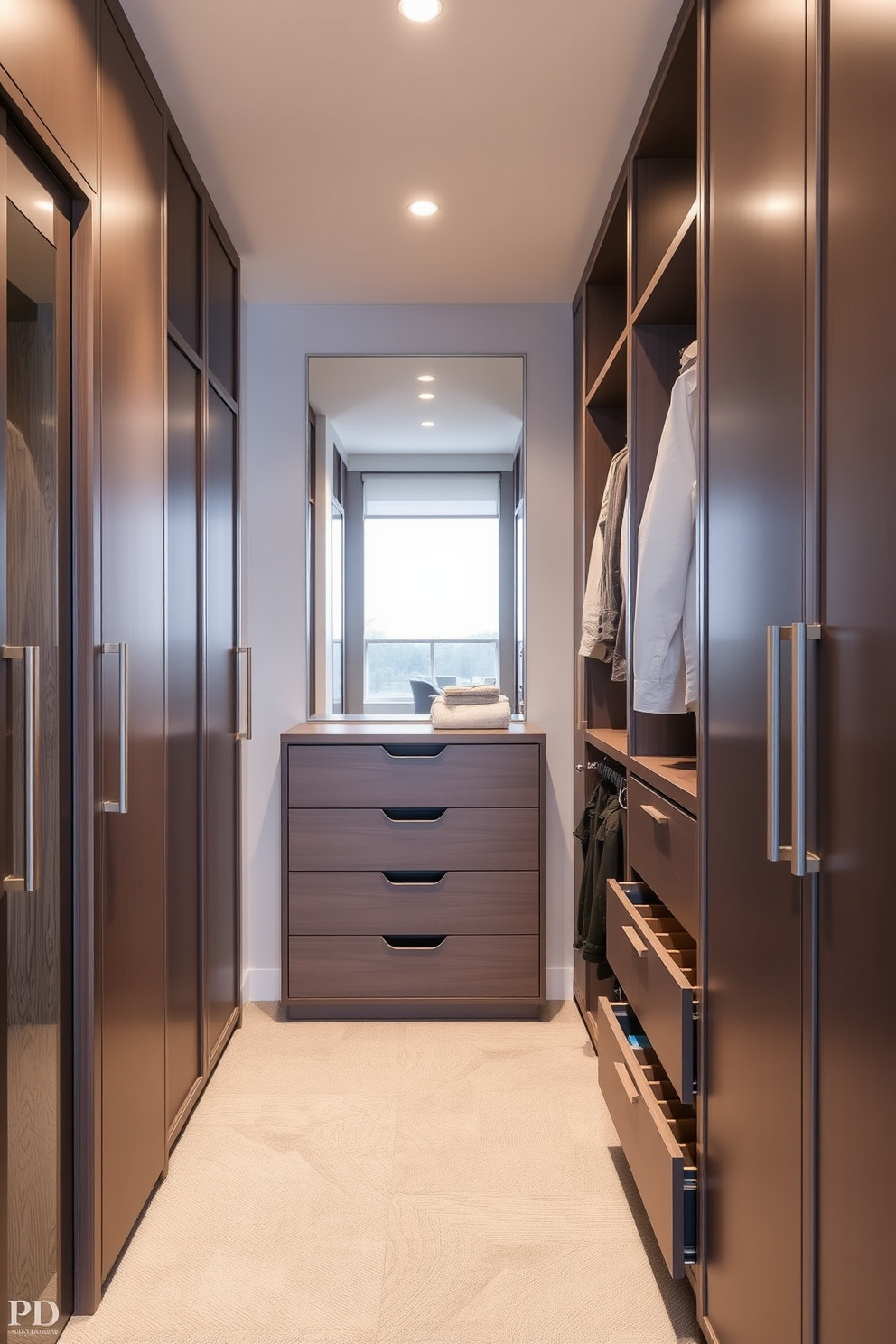 A modern walk-in closet featuring integrated lighting that illuminates the space with a bright and inviting ambiance. The closet includes custom shelving and hanging space, with a central island for accessories and a full-length mirror reflecting the stylish design.