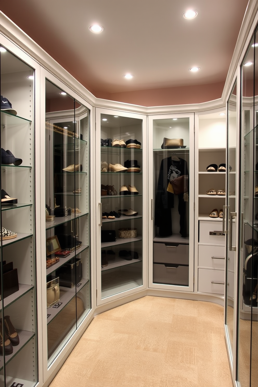 A modern walk-in closet featuring glass-front cabinets designed to elegantly showcase accessories. The space is well-lit with recessed lighting, creating an inviting atmosphere for organized storage and display.