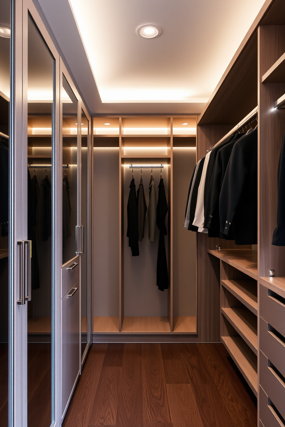 A dedicated makeup vanity featuring ample natural light. The vanity includes a large illuminated mirror, elegant storage compartments, and a plush stool for comfort. A modern walk-in closet designed for optimal organization and style. The space showcases custom shelving, a central island with drawers, and stylish lighting fixtures to enhance the overall aesthetic.