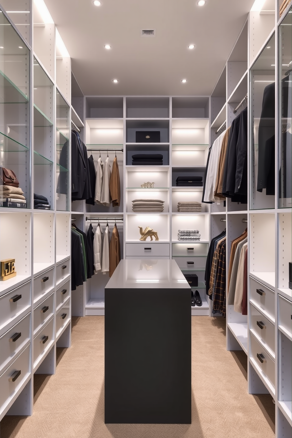 A modern walk-in closet featuring vertical storage solutions to maximize space. The design includes floor-to-ceiling shelving units and hanging rods that utilize every inch of wall space. Incorporate a sleek island in the center for additional storage and display. Soft, ambient lighting enhances the luxurious feel while maintaining functionality.