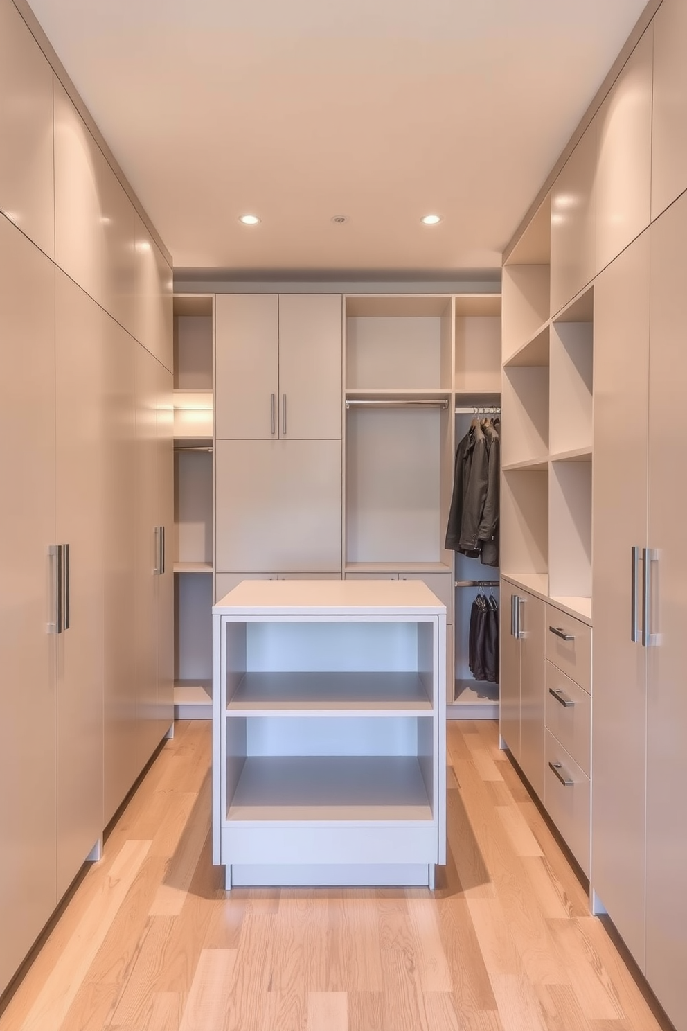 A minimalist walk-in closet features sleek cabinetry with a neutral color palette. The space is illuminated by soft, ambient lighting that highlights the clean lines and organized shelving. The flooring is a light hardwood that complements the minimalist theme. A central island with open shelving provides additional storage while maintaining an airy feel.