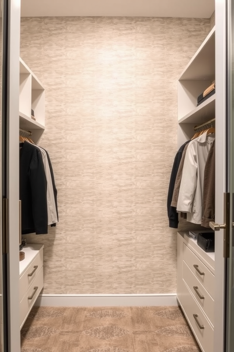 A modern walk-in closet featuring textured wallpaper that adds depth and sophistication to the space. The walls are adorned with a soft neutral tone, complemented by elegant shelving and hanging space for clothing and accessories.