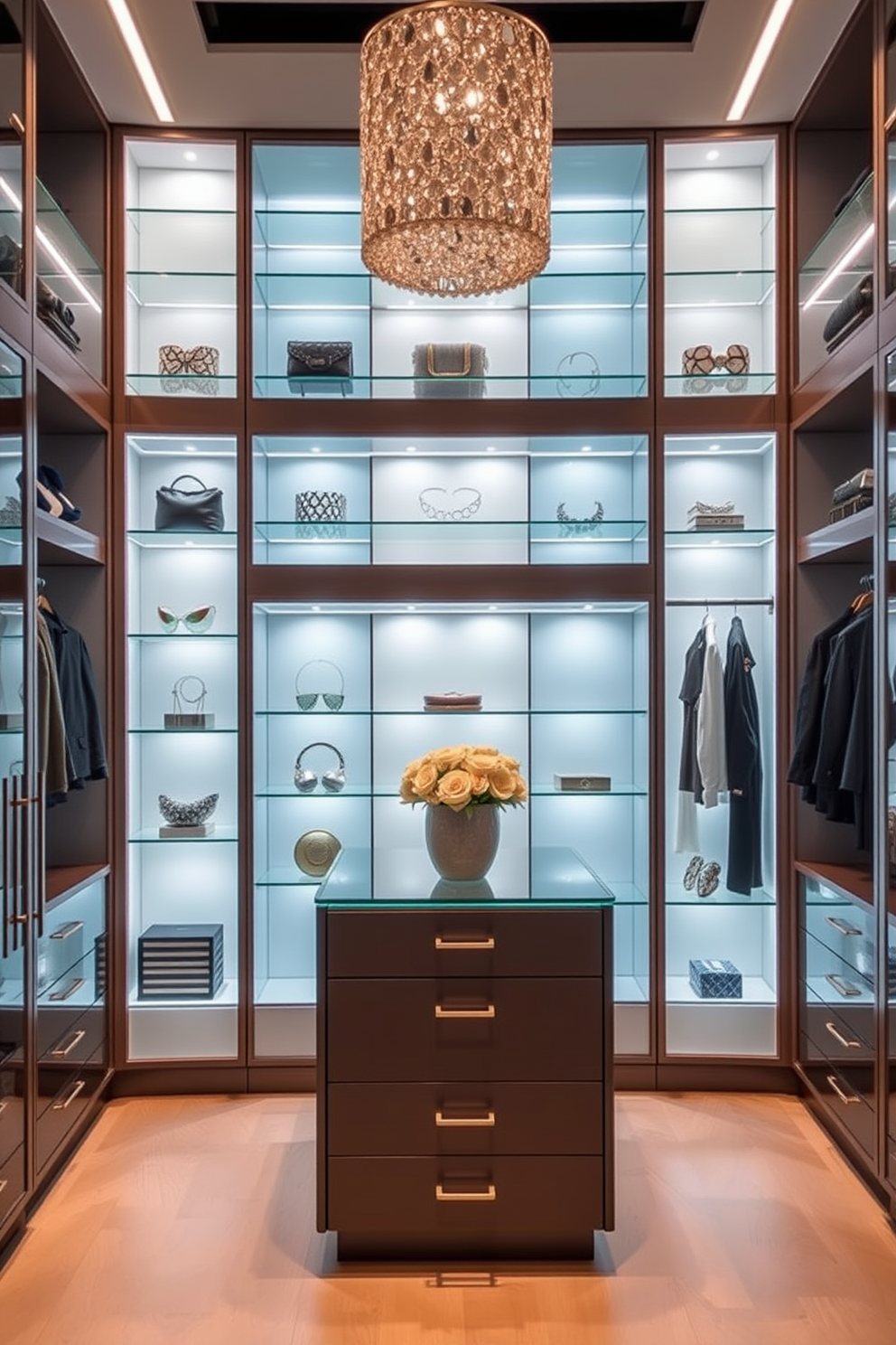 Lighted display cases for stylish organization create an inviting atmosphere while showcasing your favorite accessories. The sleek glass shelves are illuminated with soft LED lights, enhancing the beauty of the items displayed within. Modern walk-in closet design ideas emphasize functionality and elegance, featuring built-in shelving and hanging spaces. A central island with drawers provides additional storage and serves as a stylish focal point in the room.