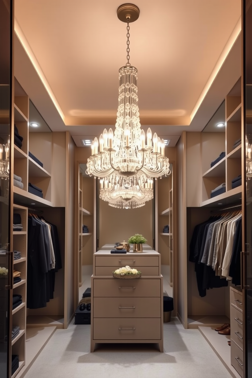 A modern walk-in closet featuring statement lighting fixtures that serve as focal points. The space is organized with elegant shelving and hanging areas, illuminated by a stunning chandelier that casts a warm glow.