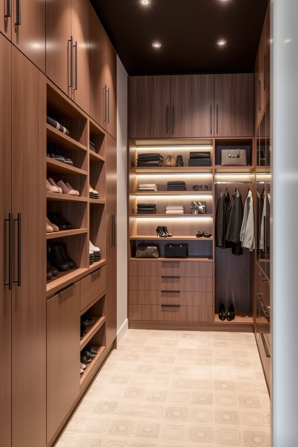 A luxurious walk-in closet featuring textured wallpaper that adds depth and character to the space. The closet is spacious with custom shelving, elegant lighting, and a plush seating area for comfort. Incorporate a stylish island in the center for accessories and jewelry, surrounded by organized racks for shoes and clothing. The color palette is soft and inviting, creating a serene atmosphere for getting ready.