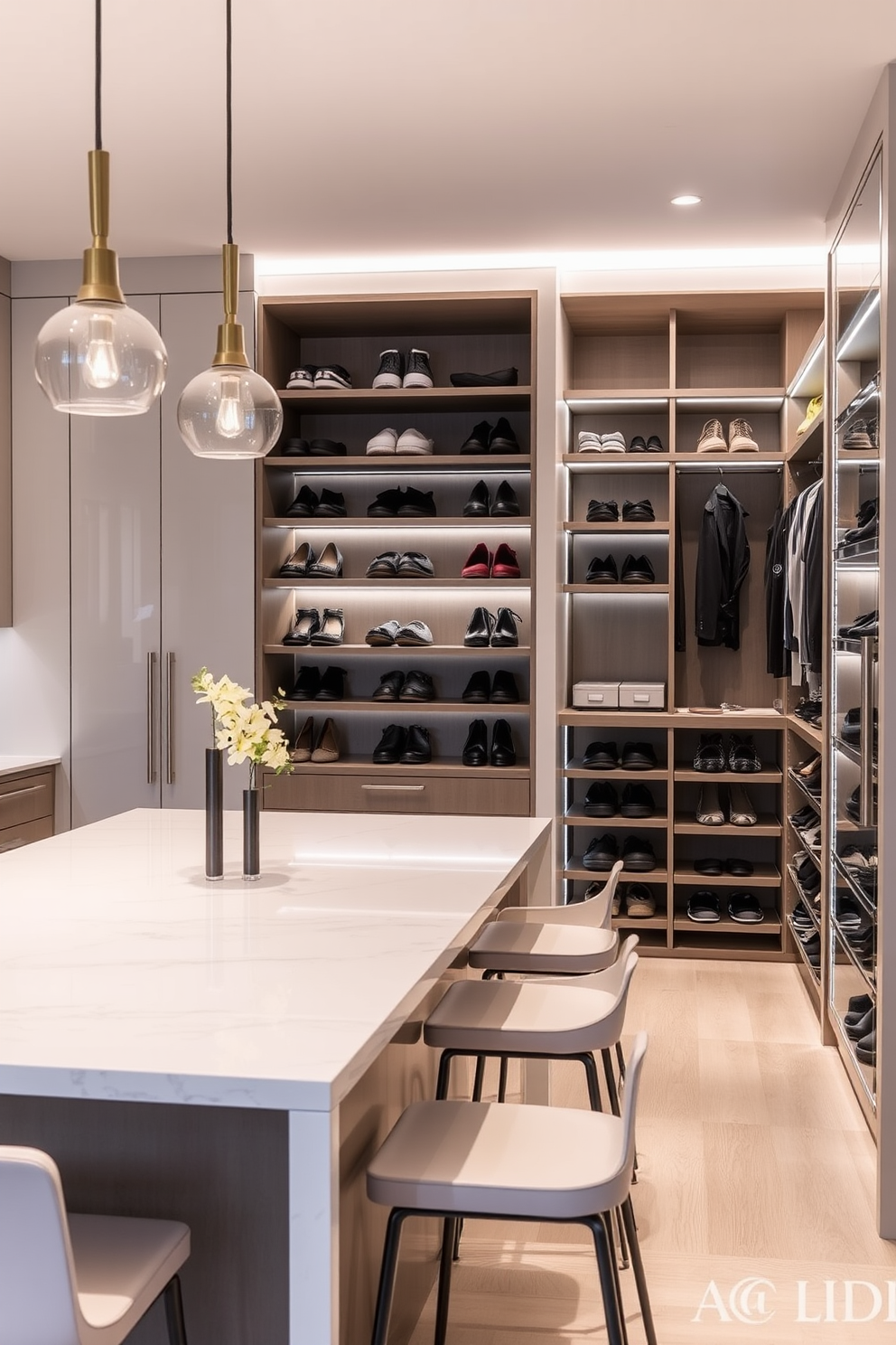 A sleek kitchen island features a smooth quartz countertop with seating for four. The island is complemented by minimalist pendant lights hanging above, creating a stylish focal point in the space. The modern walk-in closet boasts custom shelving and ample storage for shoes and accessories. Soft LED lighting highlights the organized layout, providing a luxurious and functional dressing area.