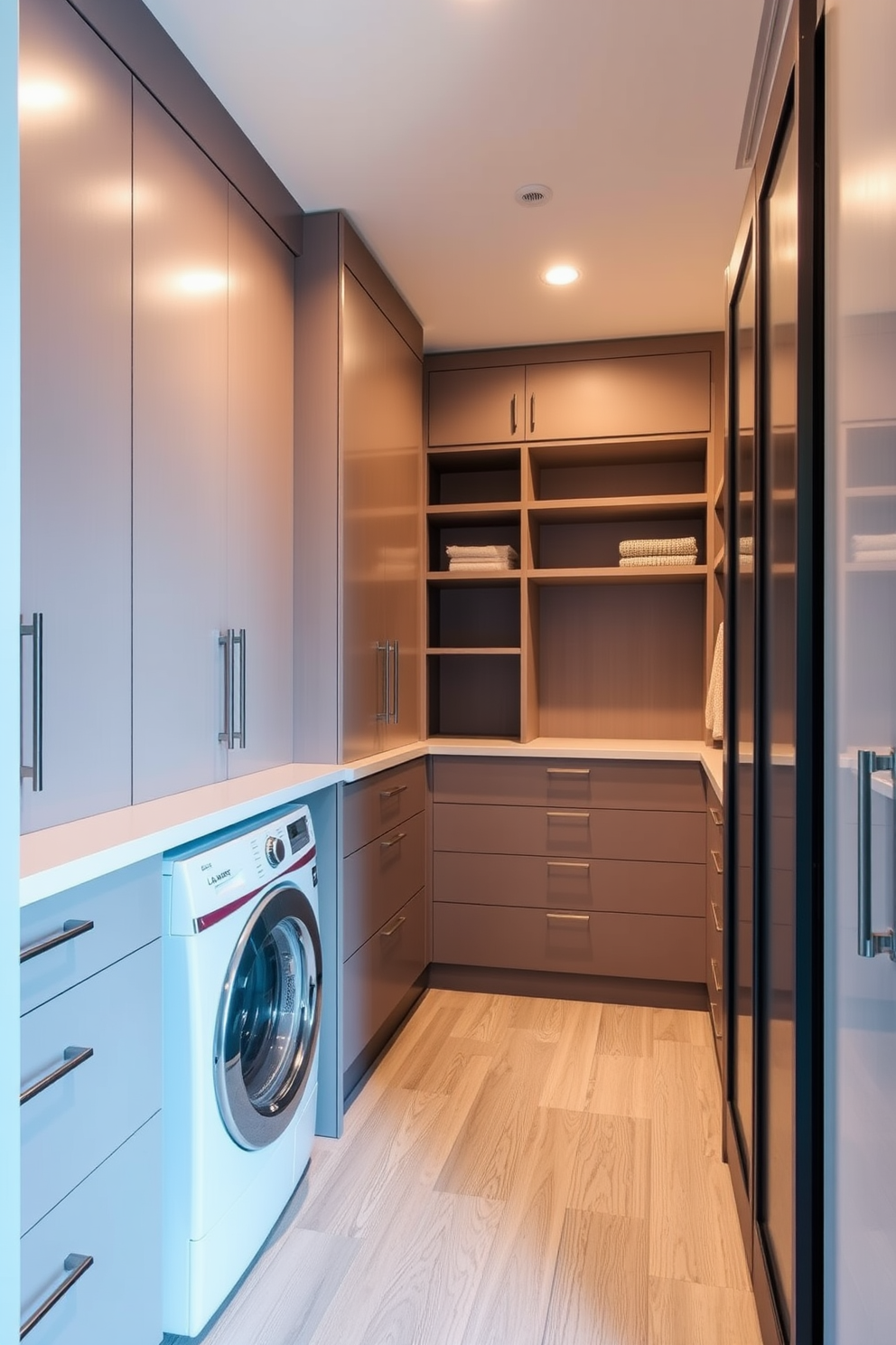 A modern walk-in closet featuring integrated laundry hampers for practicality. The design includes sleek cabinetry, ample shelving, and stylish lighting to create an organized and inviting space.