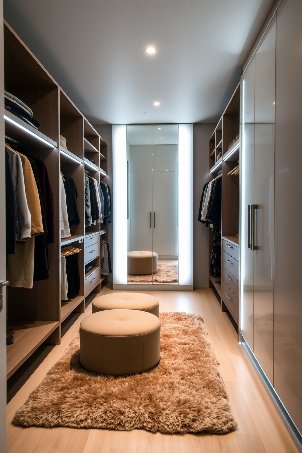 A spacious modern walk-in closet features custom shelving and hanging space for clothes. Soft LED lighting illuminates the area, highlighting a plush decorative rug that adds warmth and style to the space. The closet is designed with a minimalist aesthetic, incorporating sleek cabinetry and a full-length mirror. A cozy seating area with a small ottoman complements the decorative rug, creating a comfortable dressing space.