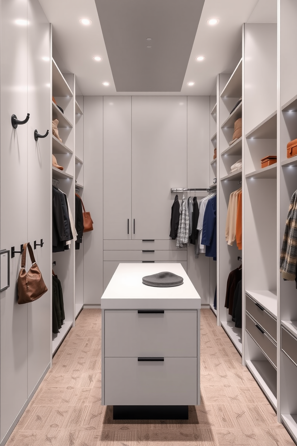 A modern walk-in closet features functional hooks strategically placed on the walls for bags and accessories. The space is designed with sleek shelving and a stylish island in the center, enhancing both organization and aesthetics.