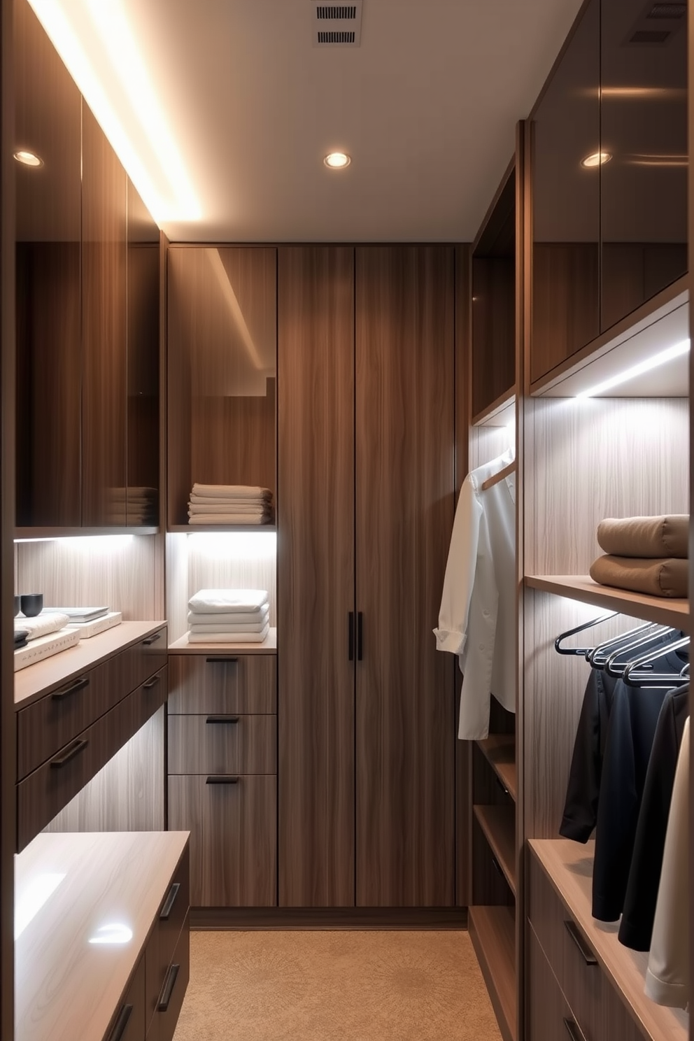 A modern walk-in closet featuring smart technology for automated lighting. The space includes sleek cabinetry with integrated LED lights that illuminate the shelves and hanging areas, creating a luxurious and functional environment.