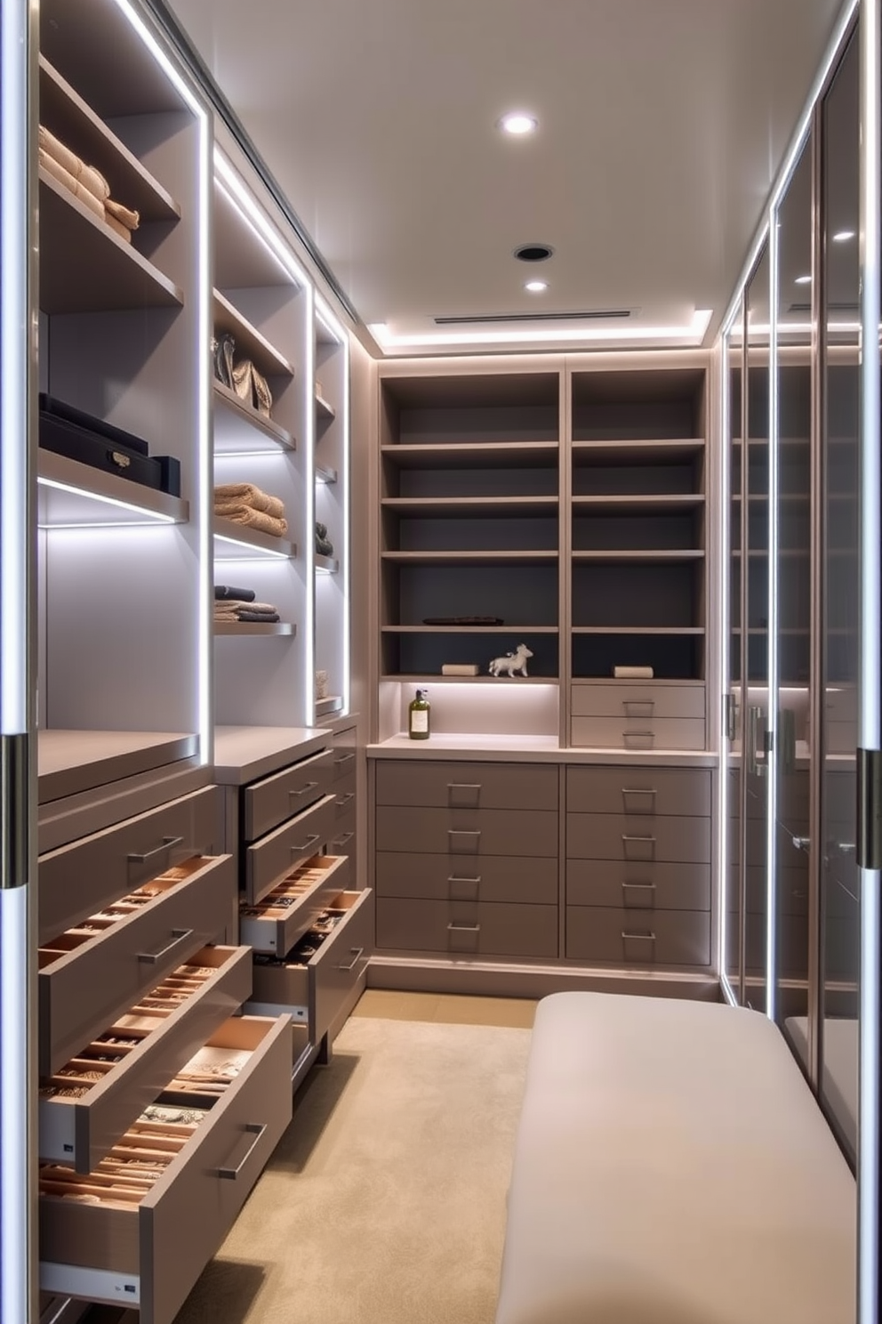 A modern walk-in closet featuring sustainable materials such as reclaimed wood and bamboo shelving. The space is designed with energy-efficient lighting and includes a plush area rug made from recycled fibers.