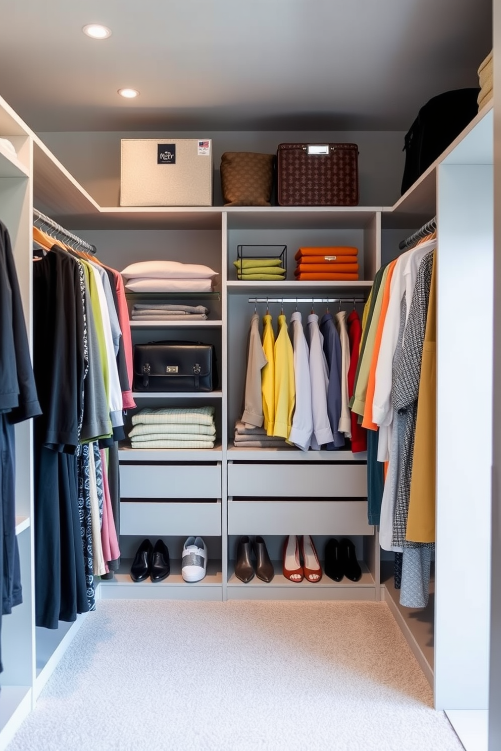 A modern walk-in closet featuring color-coordinated clothing arranged by shades for a cohesive look. The walls are painted in a soft gray, and there is ample lighting to highlight the organized shelves and hanging spaces.