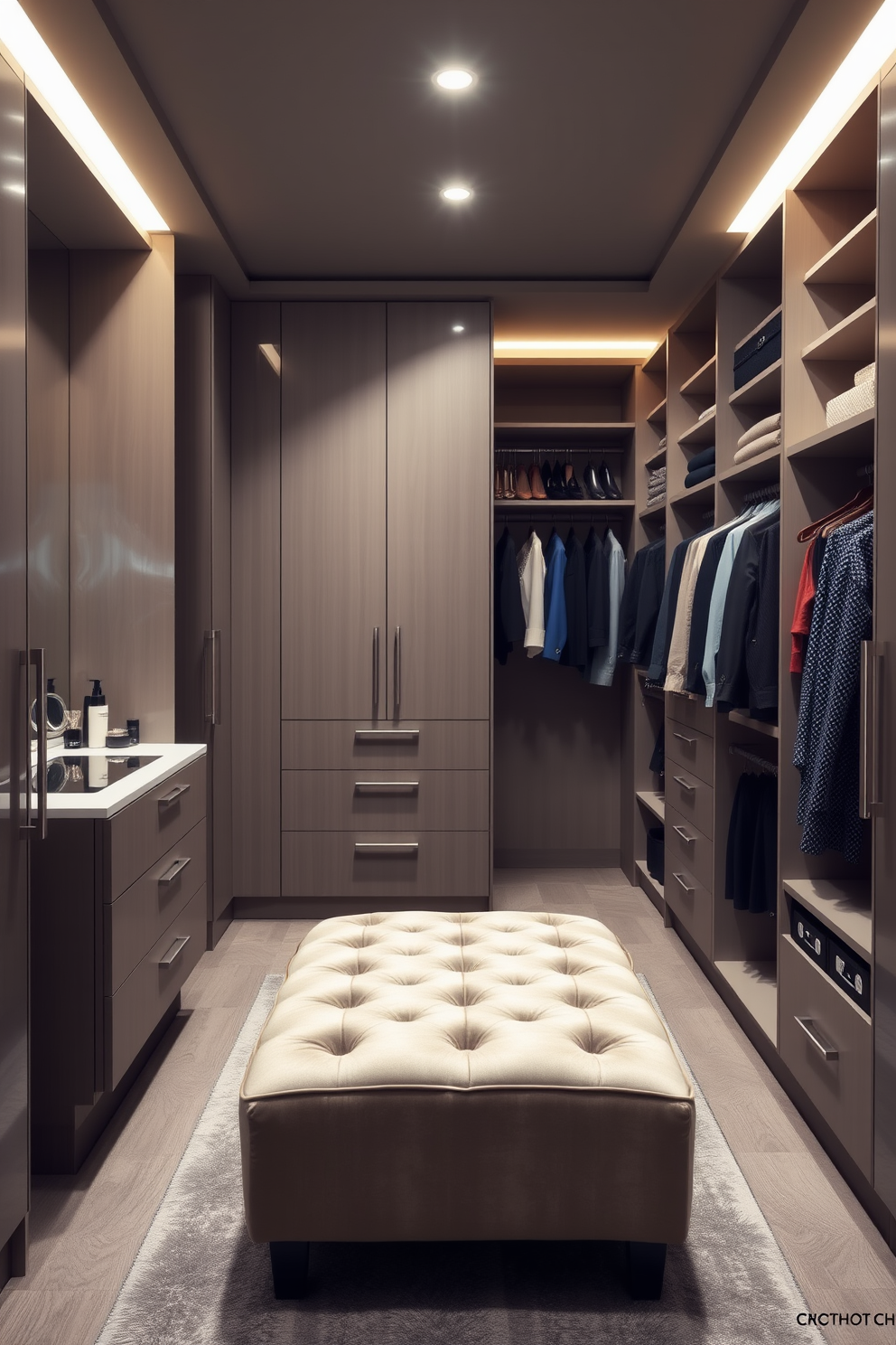 A modern walk-in closet featuring integrated makeup vanities for convenience. The design includes sleek cabinetry with soft-close drawers and elegant lighting that highlights the vanity area. The closet is spacious with organized shelving and hanging space for clothing. A plush ottoman sits in the center, providing a comfortable spot for dressing and applying makeup.