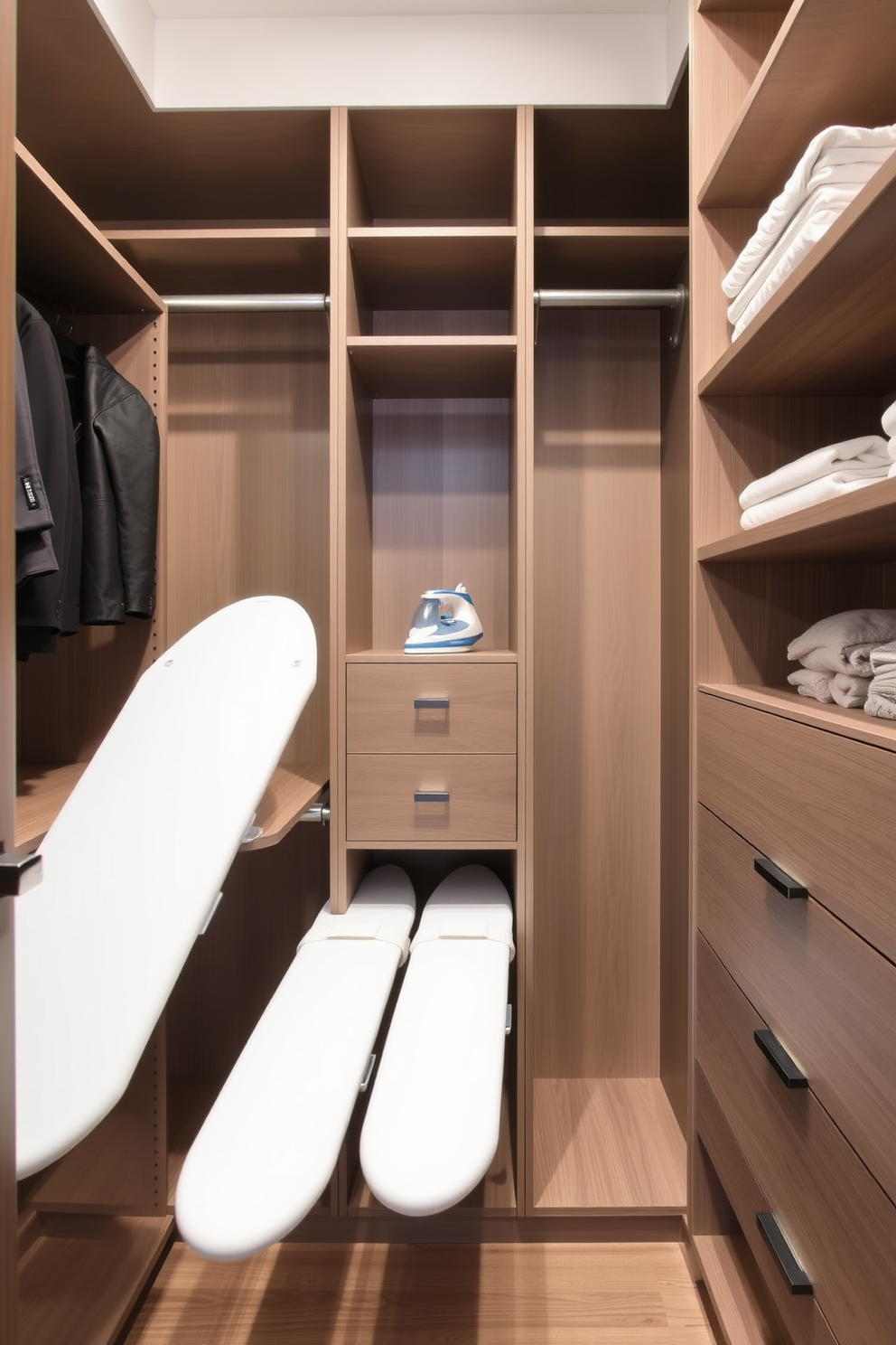 A modern walk-in closet features hidden ironing boards seamlessly integrated into the cabinetry. The design maximizes space efficiency while maintaining a sleek and organized appearance.