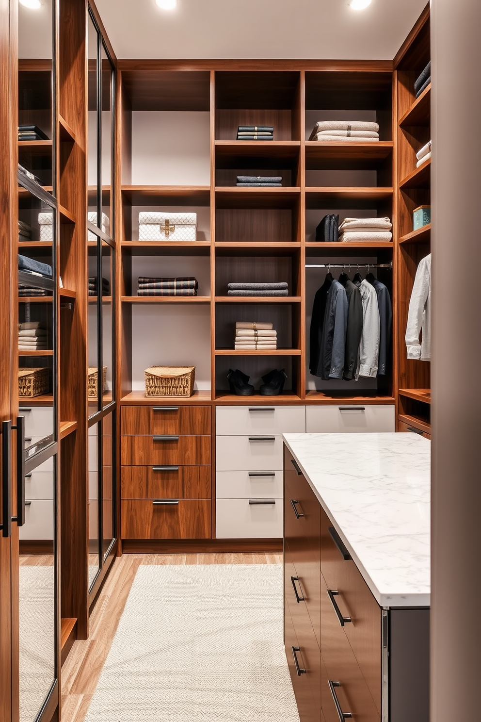 Custom shelving for personalized storage. The shelves are crafted from rich walnut wood, showcasing a mix of open and closed storage options. Modern Walk-In-Closet Design Ideas. The closet features floor-to-ceiling cabinetry with sleek sliding doors, complemented by a central island topped with a polished quartz surface.