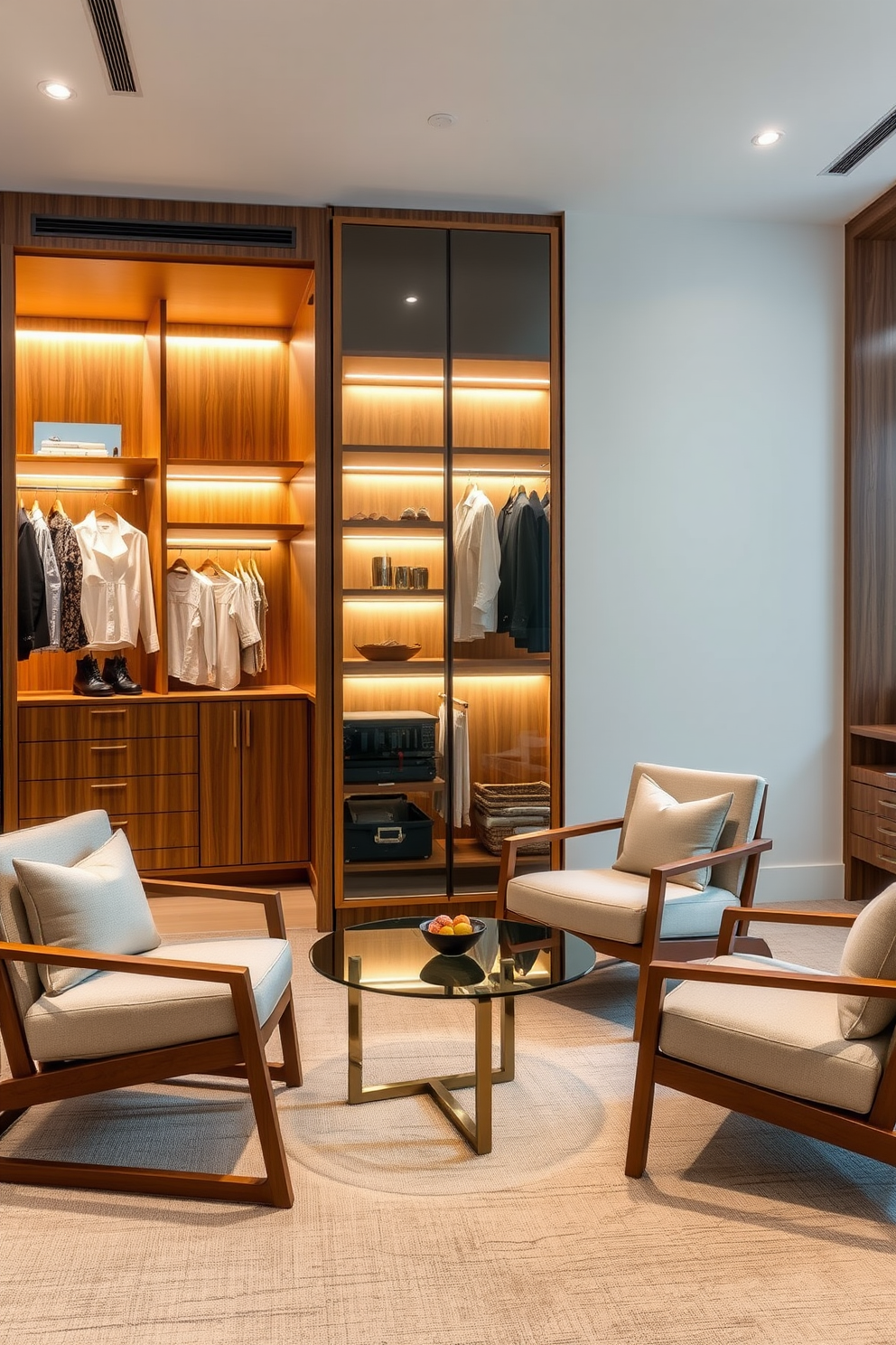 A stunning walk-in closet featuring an elegant chandelier that casts a warm glow over the space. The walls are lined with custom cabinetry in a rich walnut finish, providing ample storage for shoes and accessories. The center of the closet showcases a plush ottoman upholstered in soft velvet for comfort. Large mirrors reflect the luxurious design, enhancing the overall ambiance and functionality of the space.