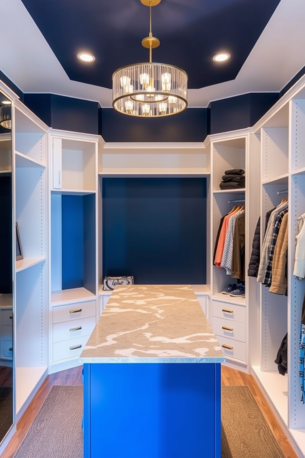 A modern walk-in closet featuring mirrored doors that reflect light and create an illusion of depth. The space is organized with sleek shelving units and hanging rods, complemented by a plush area rug in neutral tones.