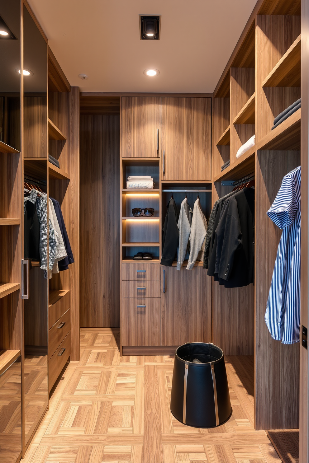 A modern walk-in closet featuring spinning shoe racks for easy access. The racks are elegantly designed, allowing for a full view of the shoe collection while maximizing space efficiency. The closet is illuminated with soft, ambient lighting that highlights the sleek cabinetry and organized shelving. A plush seating area is included, providing a comfortable spot to try on shoes and outfits.