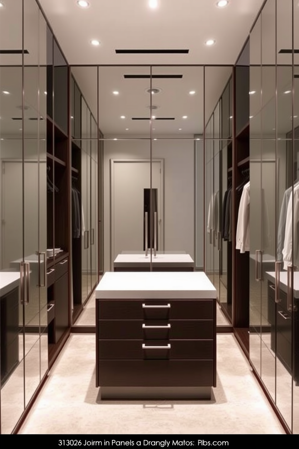 A modern walk-in closet featuring mirrored panels that reflect light and create an illusion of spaciousness. The design includes sleek shelving units and a central island with drawers, providing ample storage while maintaining a clean aesthetic.