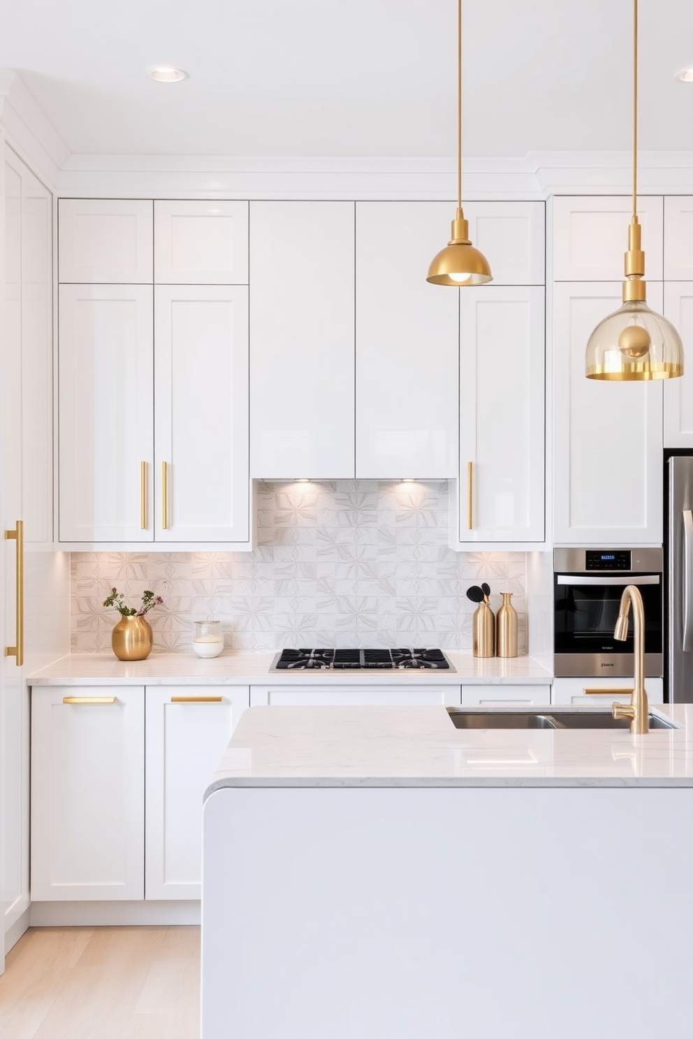 Sleek white cabinets with gold accents create a modern and elegant atmosphere in the kitchen. The cabinets feature clean lines and a glossy finish, enhancing the bright and airy feel of the space. A large kitchen island with a white marble countertop complements the cabinetry beautifully. Gold pendant lights hang above the island, providing both style and functionality in this inviting modular kitchen design.