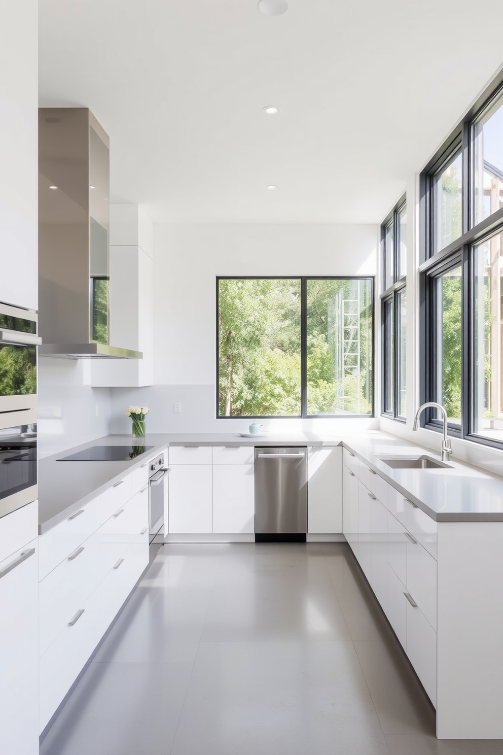 A minimalist kitchen featuring sleek cabinetry in a soft white finish. The countertops are made of polished concrete, and an island with bar seating is centered in the space. Large windows allow natural light to flood the room, highlighting the simplicity of the design. Stainless steel appliances seamlessly integrate into the cabinetry, creating a cohesive and uncluttered look.