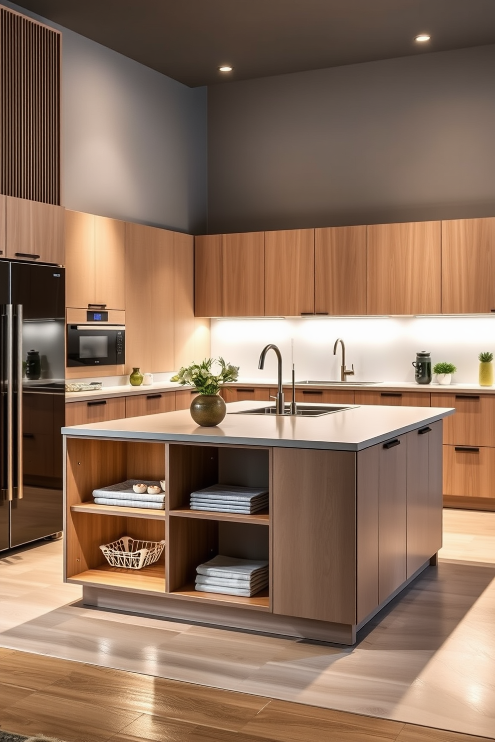 A cozy modular kitchen featuring a farmhouse sink that adds a rustic touch. The cabinetry is a mix of distressed wood and white finishes, creating a warm and inviting atmosphere. An island with bar stools provides additional seating and workspace. Pendant lights hang above the island, illuminating the space with a soft glow.