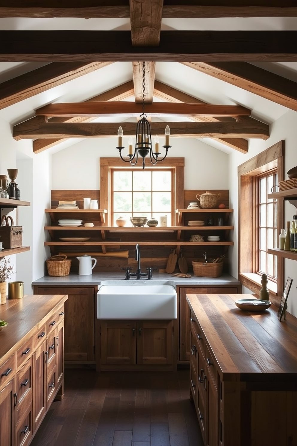 A cozy farmhouse kitchen featuring exposed wooden beams and rustic cabinetry. The centerpiece is a large farmhouse sink surrounded by open shelving and vintage-inspired fixtures. The countertops are made of reclaimed wood, providing a warm and inviting atmosphere. Natural light floods the space through a large window, highlighting the earthy tones and textures.