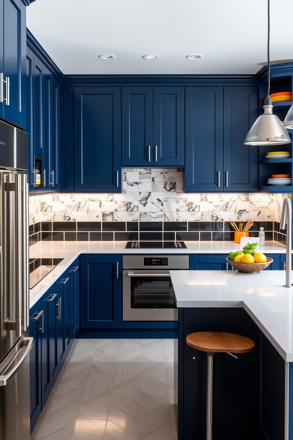 A striking modular kitchen featuring a high-contrast color scheme with deep navy blue cabinets and bright white countertops. The space includes sleek stainless steel appliances and an island with bar seating, illuminated by modern pendant lights. The walls are adorned with bold black and white tiles that create a dramatic backdrop. Open shelving showcases colorful dishware, adding personality and warmth to the design.