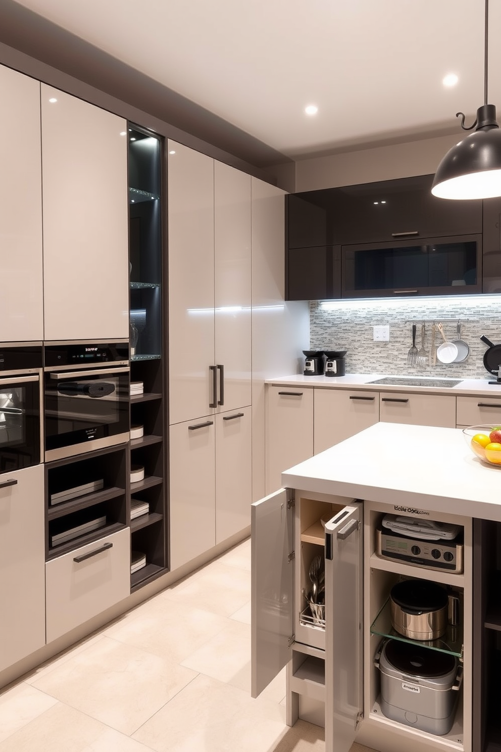 A modular kitchen featuring natural wood accents that create a warm and inviting atmosphere. The cabinetry is crafted from light oak, complemented by a large island with a butcher block countertop and stylish bar stools.