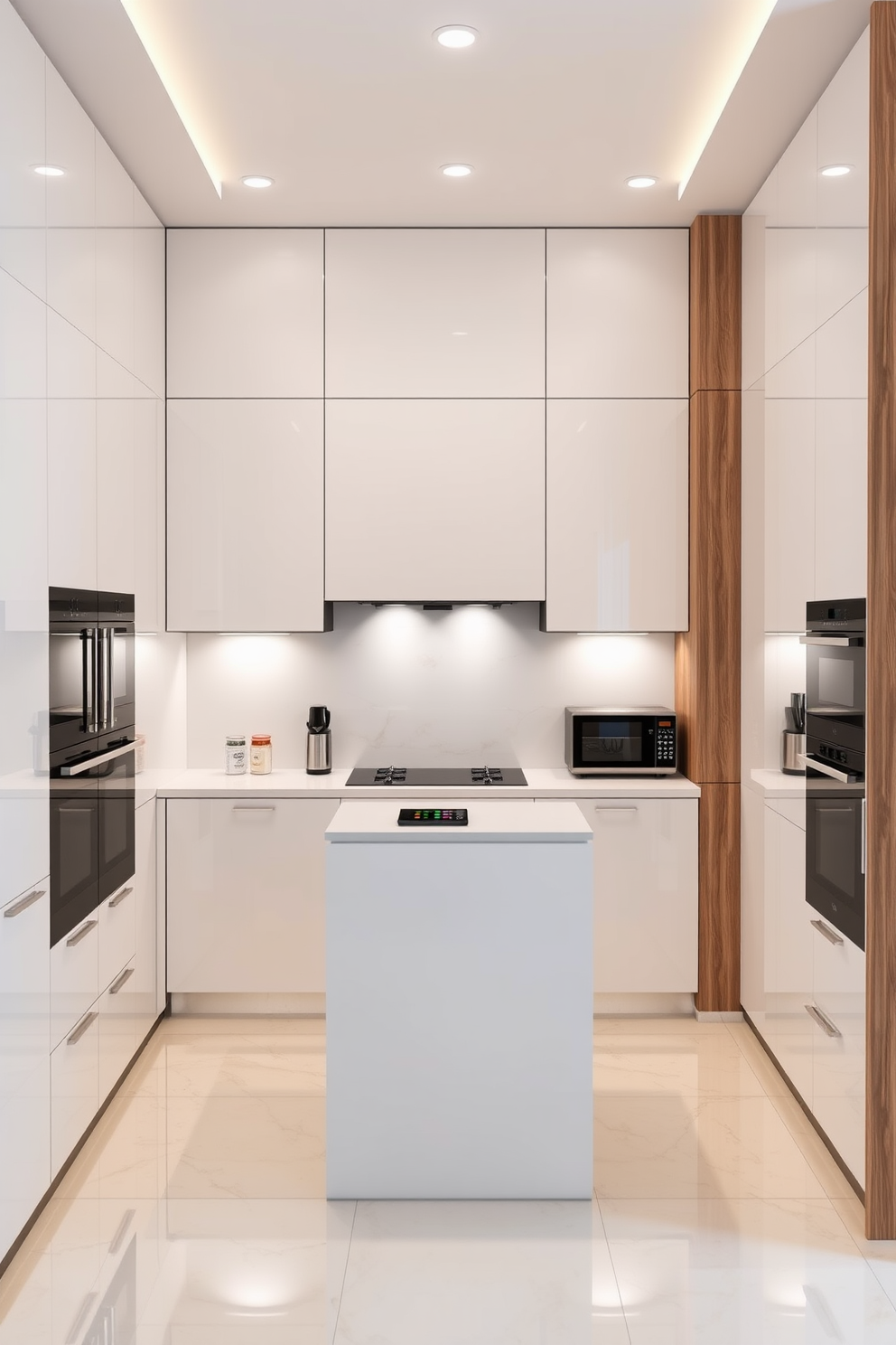 A modern modular kitchen design featuring corner cabinets that maximize space. The cabinets are sleek and minimalist with a glossy finish, complemented by a spacious island in the center. The color palette includes soft whites and warm wood tones, creating an inviting atmosphere. High-end appliances are seamlessly integrated, enhancing both functionality and style.