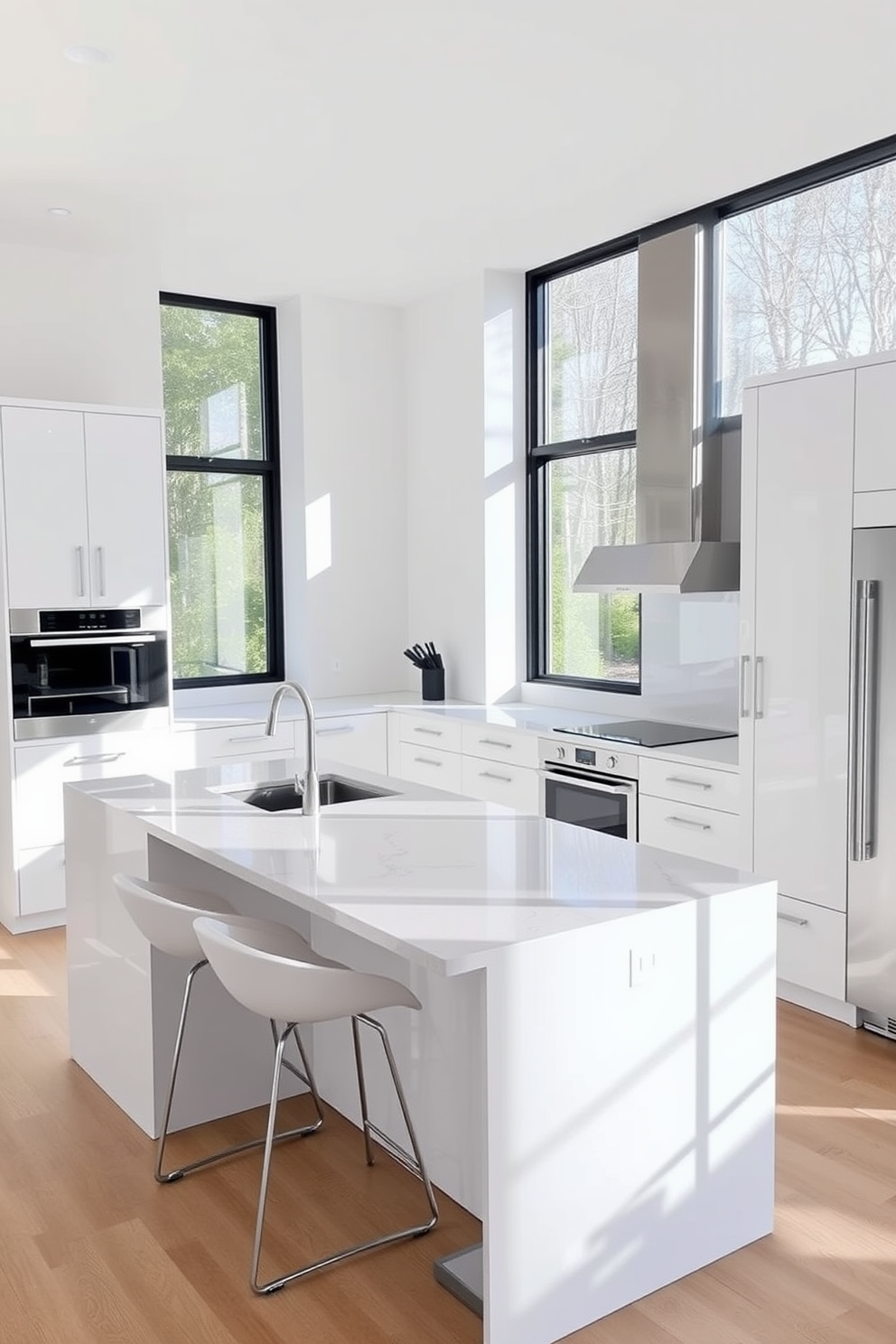 A contemporary kitchen featuring sleek finishes and clean lines. The cabinetry is a high-gloss white with integrated handles and the countertops are a polished quartz in a light gray hue. An island in the center offers additional seating with modern bar stools. Stainless steel appliances complement the minimalist aesthetic, and large windows provide ample natural light.