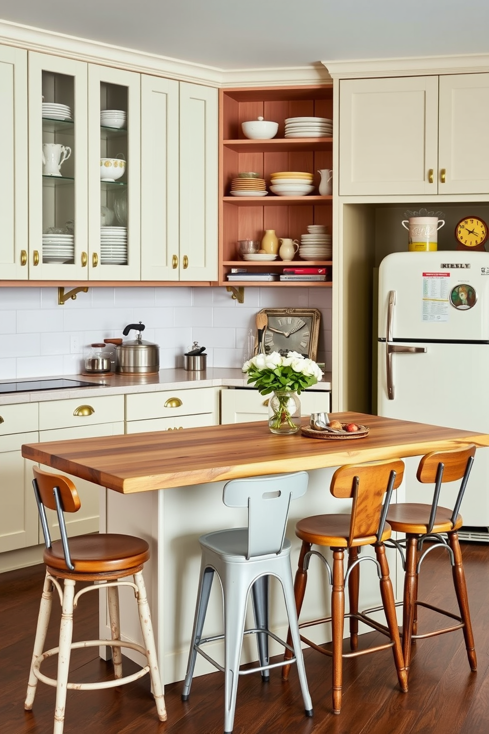 A modular kitchen featuring vintage accents that blend modern functionality with classic charm. The cabinetry is painted in a soft pastel color, complemented by antique brass handles and open shelving displaying vintage dishware. The kitchen island is topped with a reclaimed wood surface, surrounded by mismatched bar stools that add character. A retro-style refrigerator and a collection of vintage kitchen utensils create an inviting atmosphere.