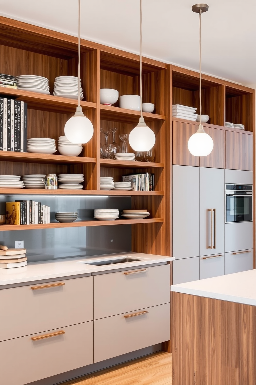 A modern modular kitchen with open shelving that enhances accessibility and organization. The shelves are filled with neatly arranged dishes, glassware, and cookbooks, creating a functional yet stylish atmosphere. The kitchen features sleek cabinetry with a minimalist design and a large island that serves as both a prep area and a casual dining spot. Bright pendant lights hang above the island, illuminating the space and highlighting the warm wood tones and contemporary finishes.