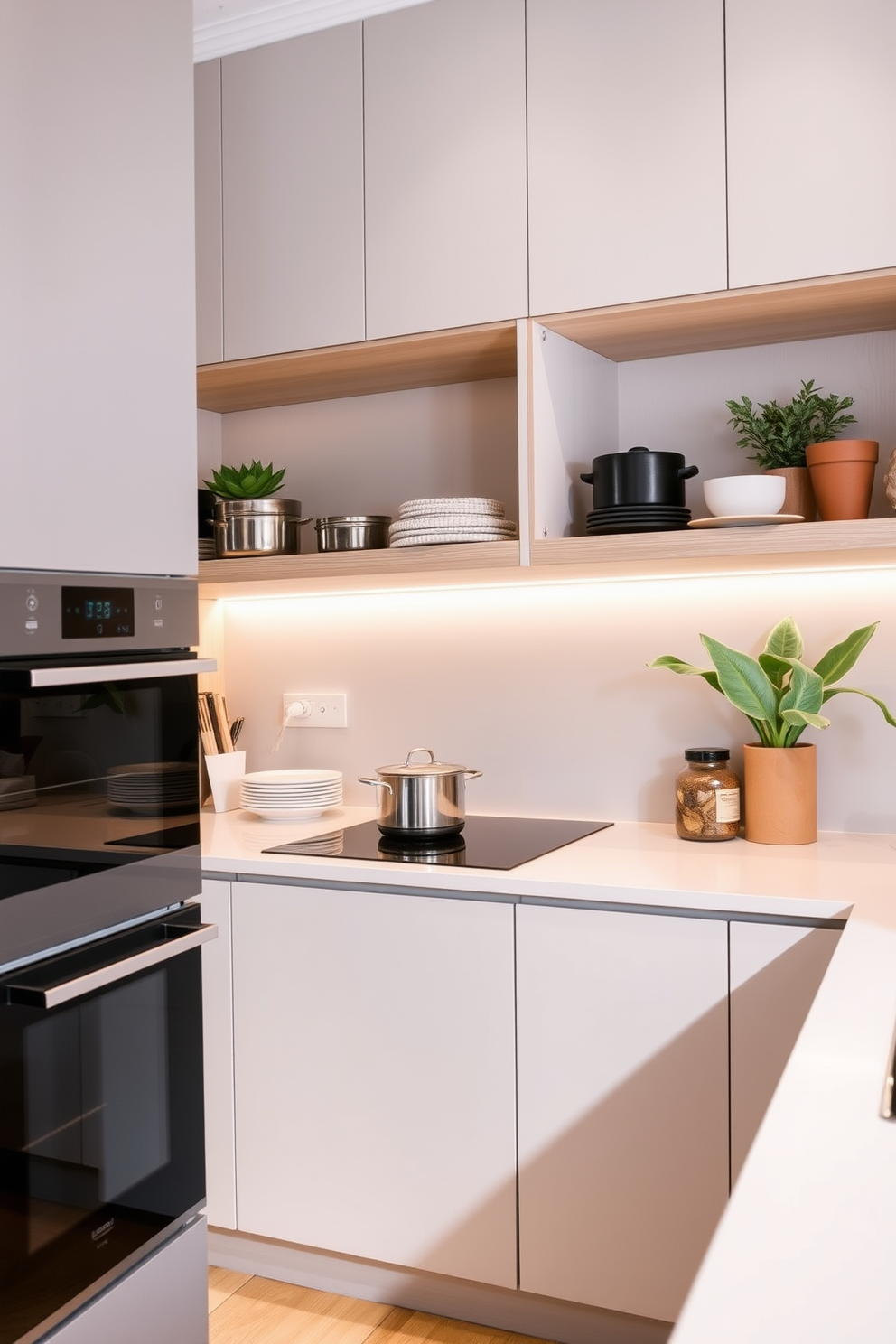 A modern modular kitchen with sleek marble countertops that enhance elegance and durability. The space features an open layout with a central island, integrated appliances, and minimalist cabinetry in a soft white finish.