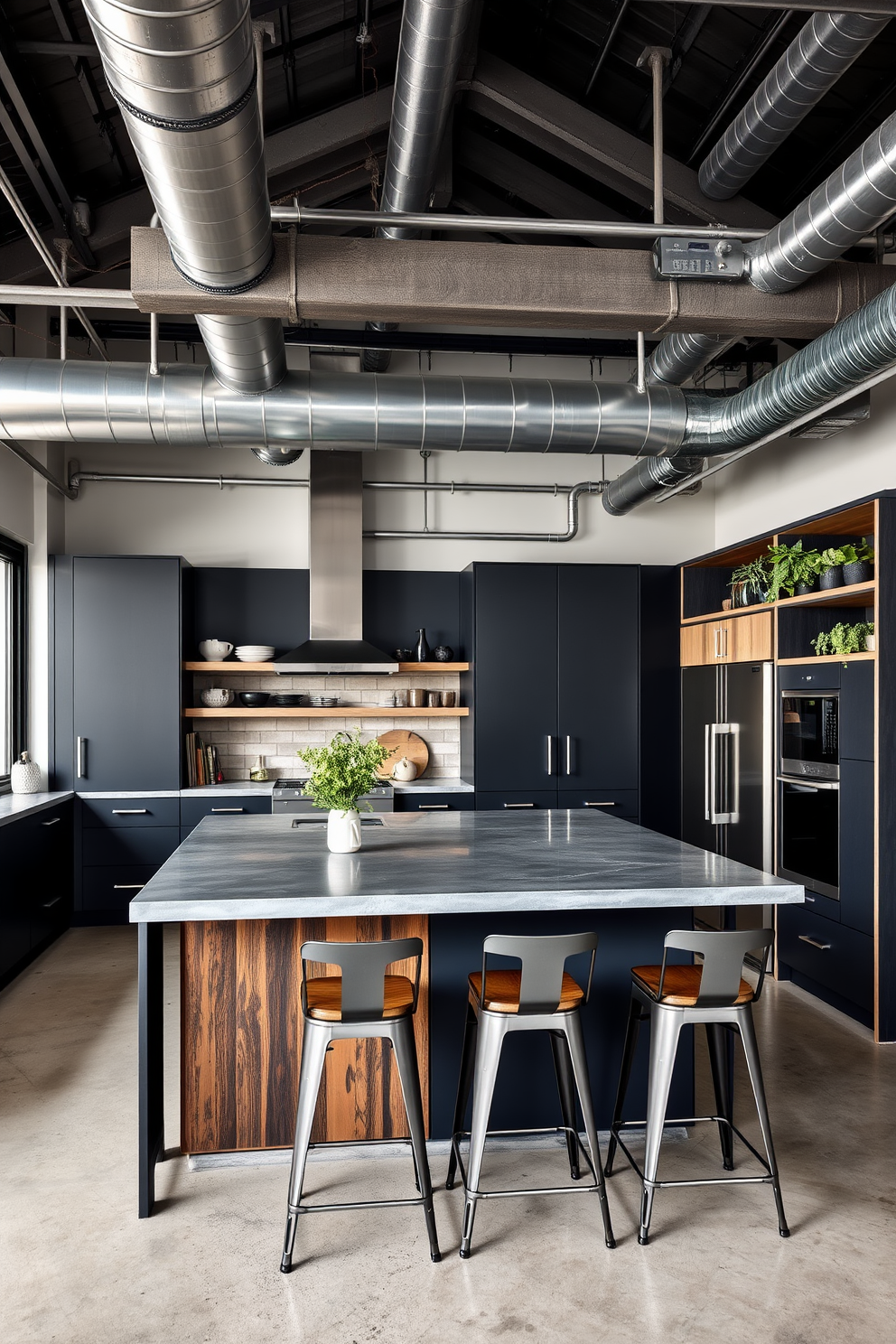 A sleek industrial kitchen featuring exposed metal beams and ductwork. The cabinetry is a mix of matte black and distressed wood, with stainless steel appliances seamlessly integrated into the design. A large island with a polished concrete countertop serves as the centerpiece, surrounded by high stools with metal frames. Open shelving displays rustic dishware and potted herbs, enhancing the functional yet stylish atmosphere.