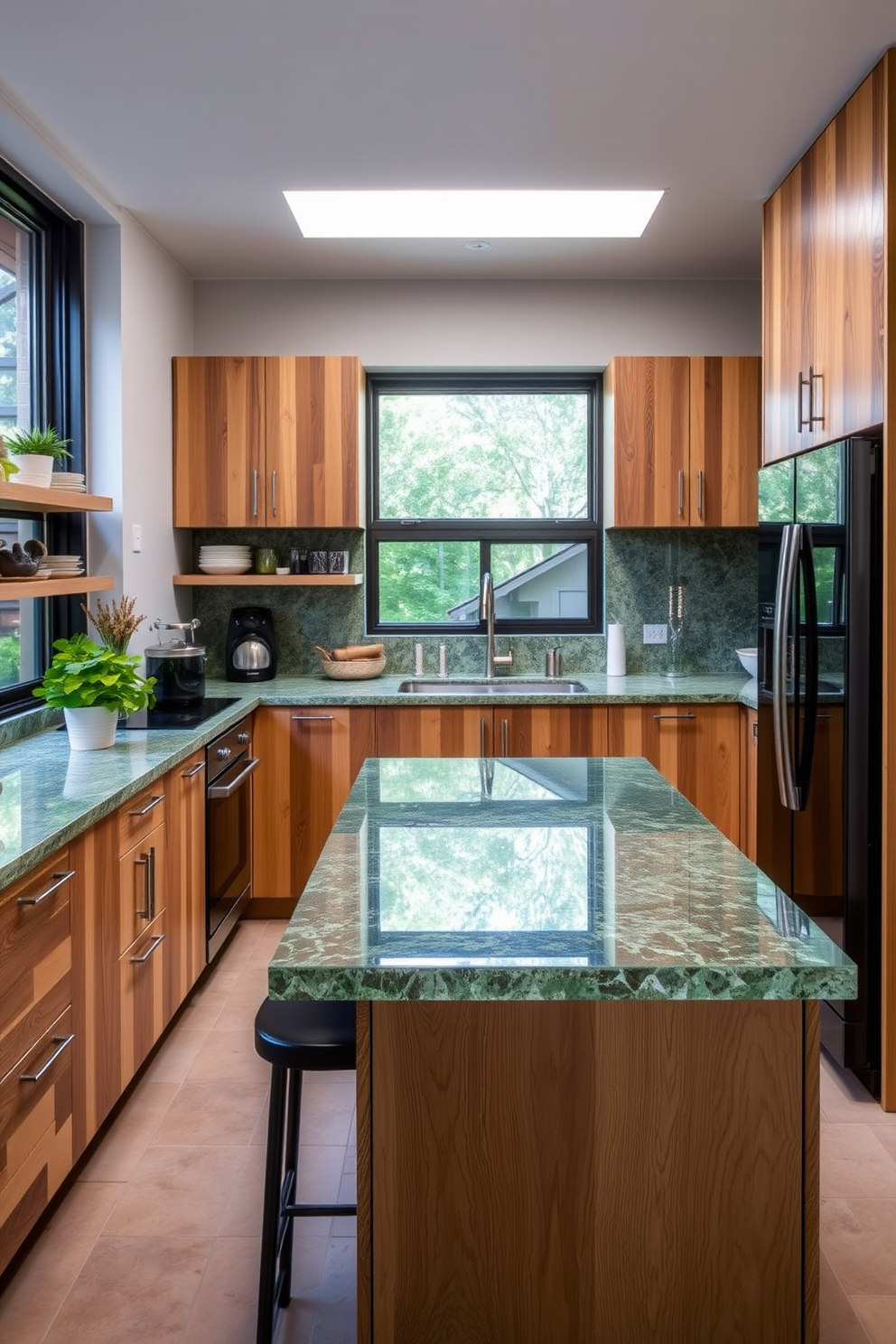 A modular kitchen design featuring textured finishes that add depth and visual interest. The cabinetry is a mix of matte and glossy finishes, complemented by a striking backsplash with a three-dimensional tile pattern.