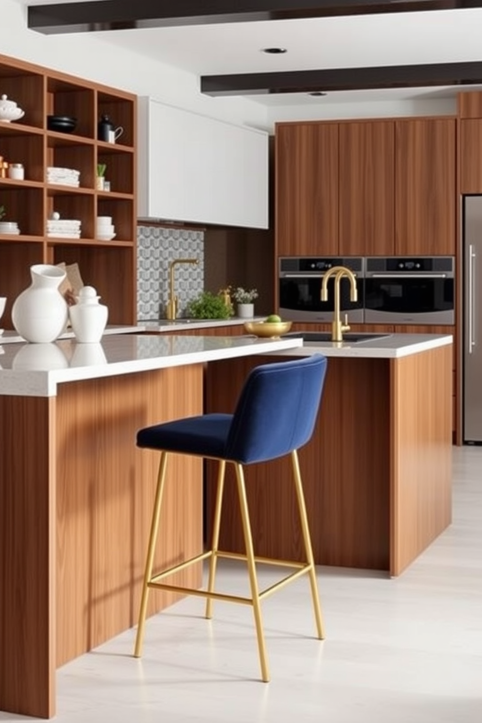 Sleek bar stools with a minimalist design are arranged around a modern kitchen island featuring a smooth quartz countertop. The stools have a polished metal frame and plush upholstery in a neutral color, seamlessly blending with the contemporary aesthetic of the space. The modular kitchen design incorporates multifunctional cabinetry with clean lines and ample storage. A combination of open shelving and closed cabinets enhances the sleek look while providing easy access to kitchen essentials.