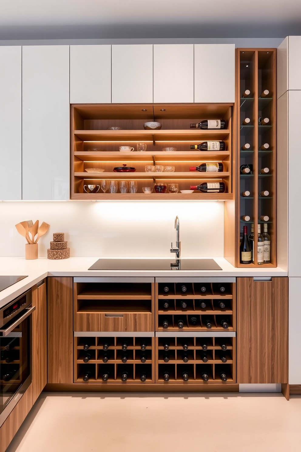 A modern modular kitchen featuring integrated wine racks for convenience. The design showcases sleek cabinetry with a blend of warm wood tones and crisp white finishes, creating an inviting atmosphere.