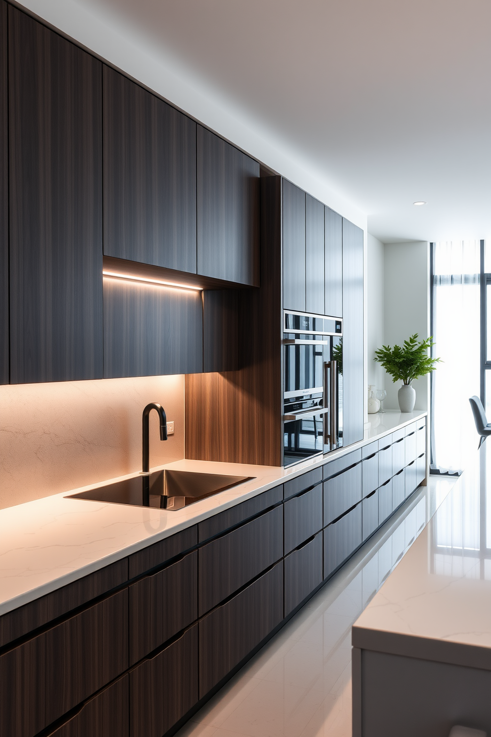 A stunning kitchen featuring statement lighting fixtures that serve as focal points. The lighting is modern and artistic, drawing attention to the sleek cabinetry and open layout. A modular kitchen design that maximizes space and functionality. It includes smart storage solutions and a combination of materials for a contemporary look.