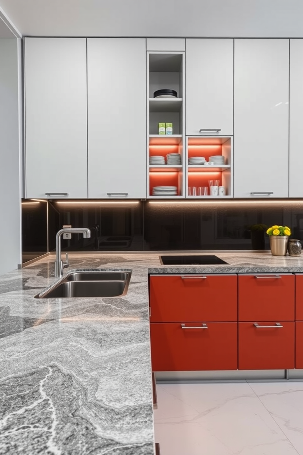 A modular kitchen design featuring sleek cabinetry in a soft beige tone. The countertops are a durable white quartz, complemented by a stylish backsplash of muted gray tiles. Open shelving displays elegant dishware, while under-cabinet lighting highlights the workspace. A central island with bar seating provides a functional yet inviting gathering spot.