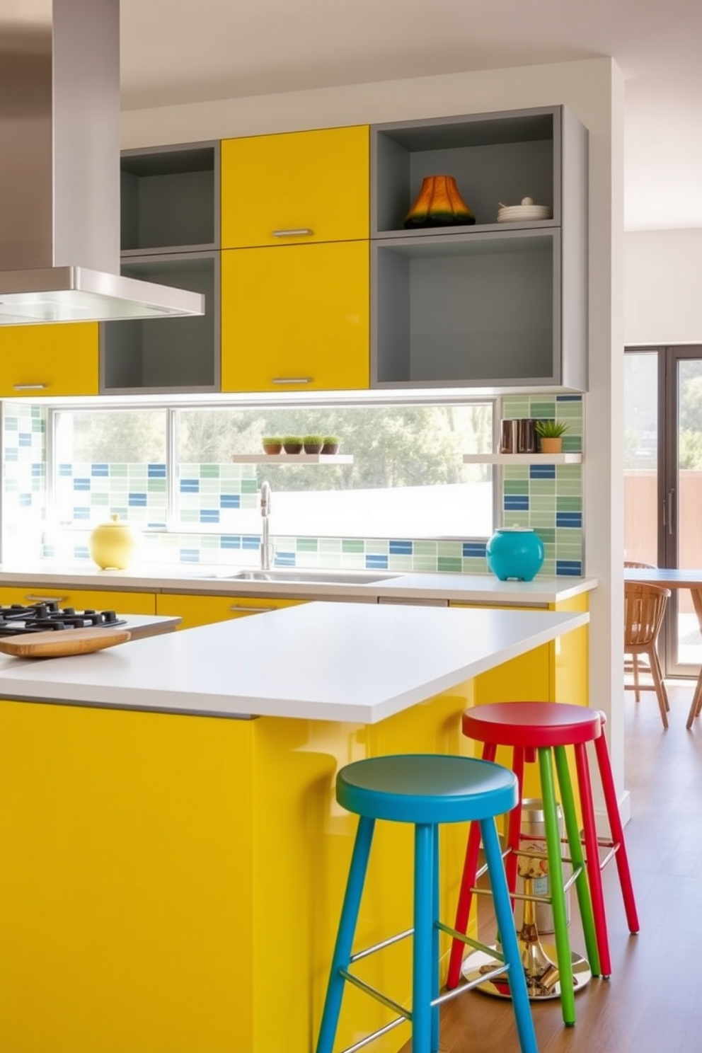 A modular kitchen design featuring bright colors that create a cheerful and inviting atmosphere. The cabinetry is a vibrant yellow with sleek white countertops, complemented by colorful backsplash tiles in shades of blue and green. An open layout allows for ample natural light to flood the space, enhancing the lively ambiance. The kitchen island is adorned with bar stools in playful colors, providing a perfect spot for casual dining and socializing.