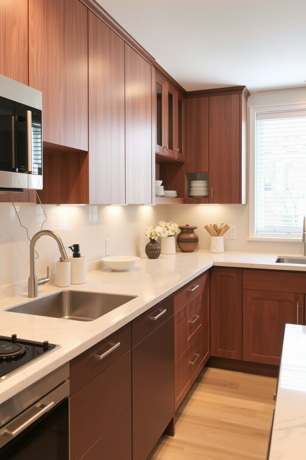 A modern kitchen featuring two-tone cabinets with a deep navy blue on the lower section and a crisp white on the upper section. The cabinets are complemented by sleek stainless steel appliances and a large island with a quartz countertop that serves as both a workspace and a gathering area. The kitchen includes open shelving displaying curated dishware and decorative items. A stylish pendant light hangs above the island, adding warmth and illumination to the space.