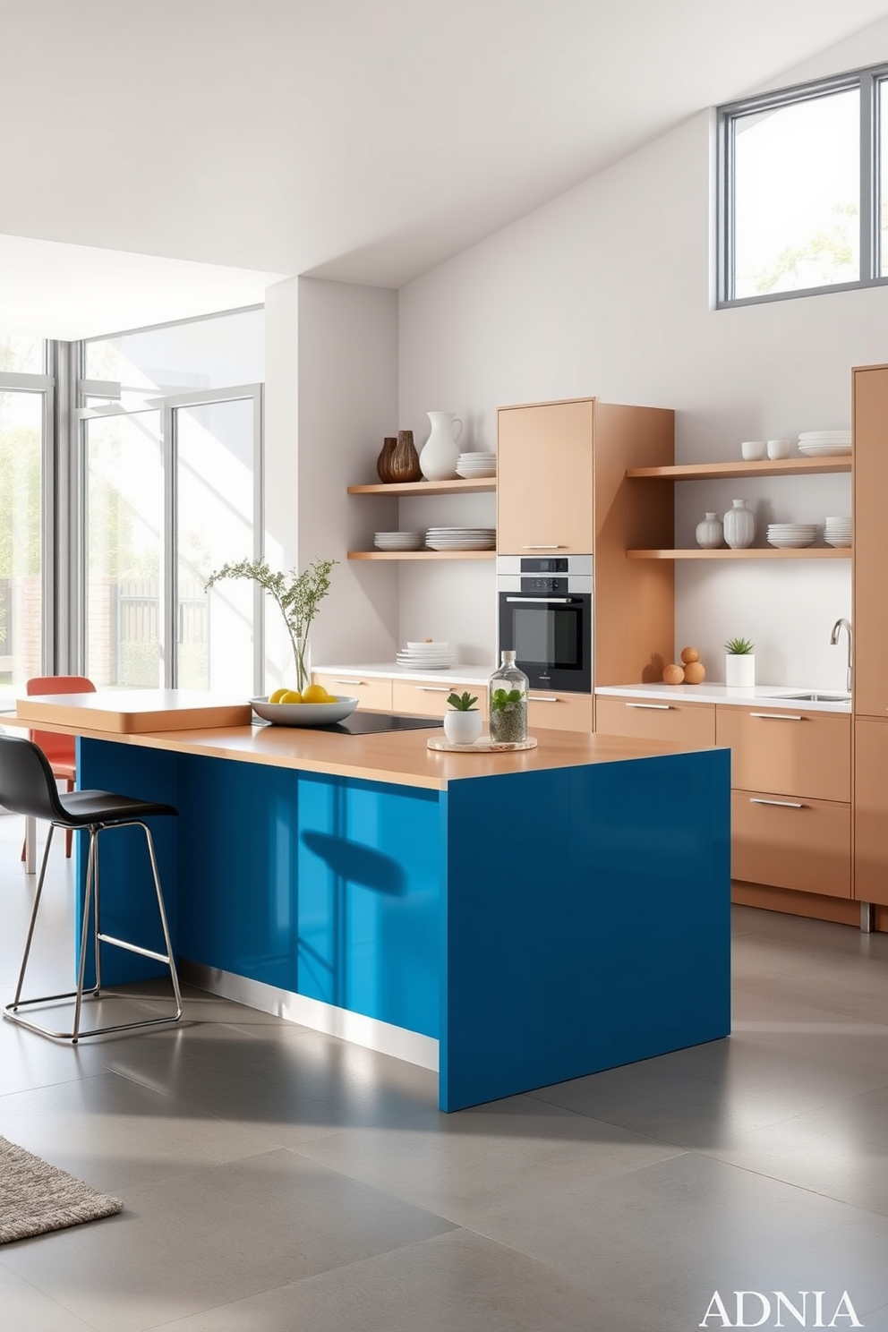 A modern modular kitchen with integrated appliances for a seamless look. The cabinetry features a sleek matte finish and the countertops are made of polished quartz, providing a clean and contemporary aesthetic.