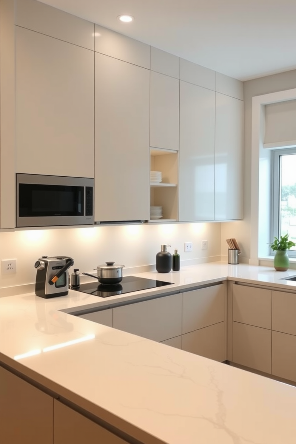 A contemporary modular kitchen featuring sleek cabinetry with under-cabinet lighting that creates a warm and inviting ambiance. The countertops are a polished quartz with a subtle veining pattern, complementing the modern appliances and open shelving for easy access to dishware.