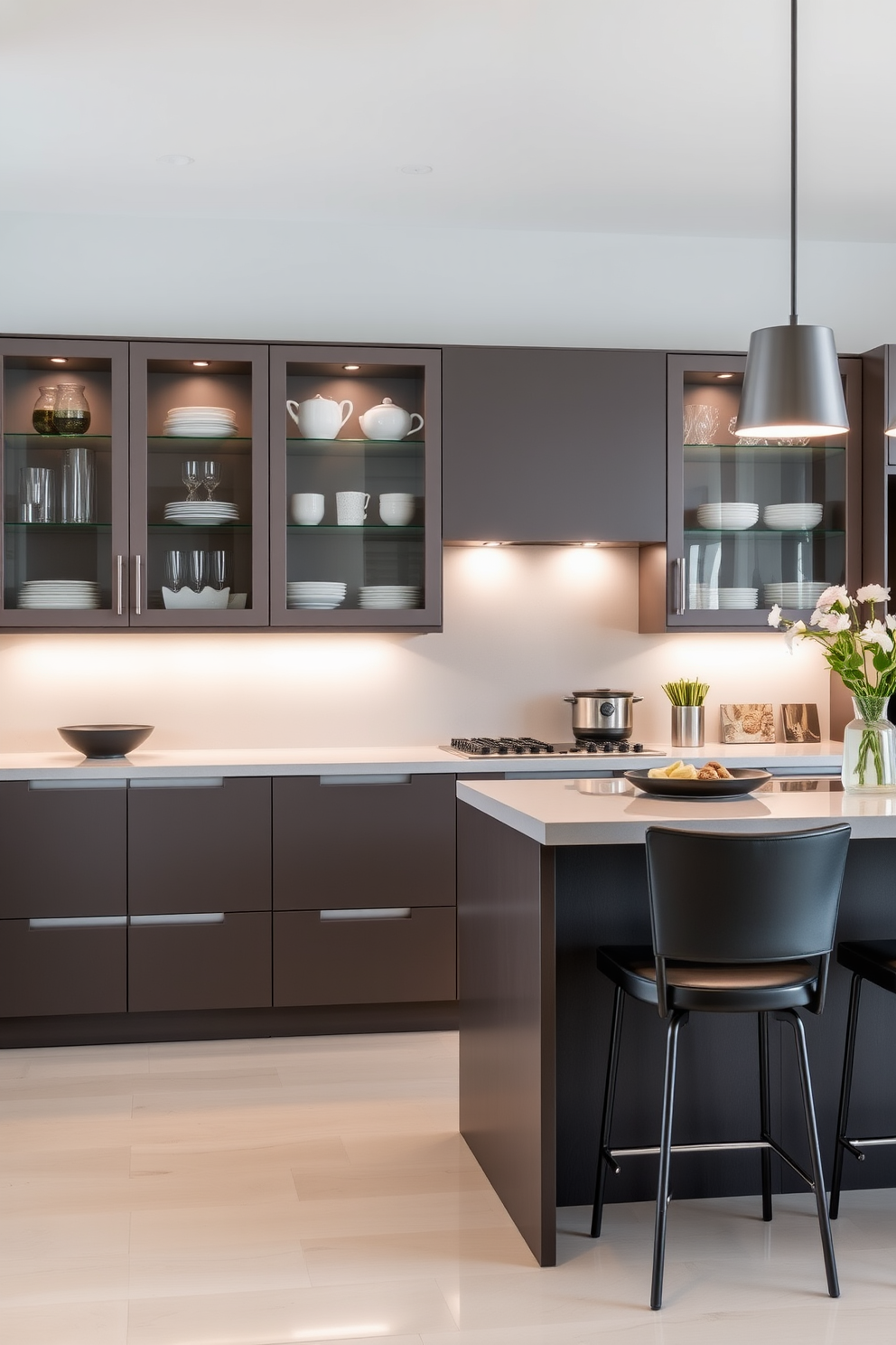 A modern modular kitchen featuring sleek glass-front cabinets that showcase elegant dishware and decorative items. The cabinetry is complemented by a stylish island with bar seating, creating a functional and inviting space for cooking and entertaining.