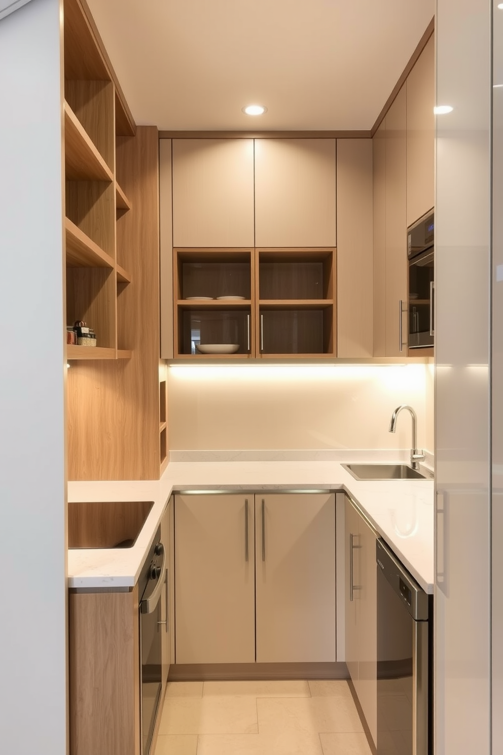 A modern modular kitchen featuring sleek glass-front cabinets that elegantly showcase an array of colorful dishware. The countertops are made of polished quartz, complemented by a stylish backsplash that adds a pop of color to the overall design.