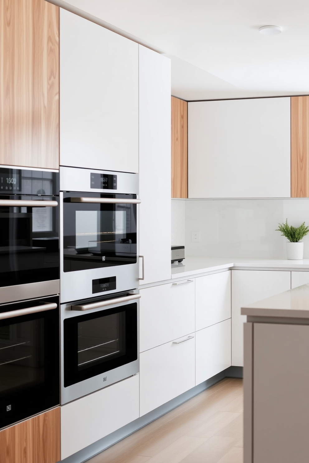 A modular kitchen design featuring a bold backsplash that adds a vibrant pop of color. The cabinets are sleek and modern, with a combination of open shelving and closed storage for a functional yet stylish look.